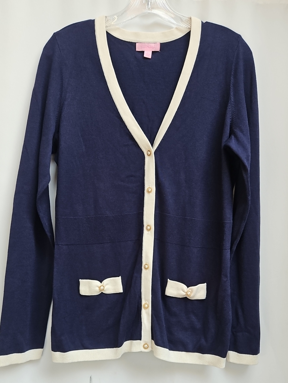 LILLY PULITZER Cody Cardigan Sweater Navy Blue Cream V-Neck Silk Cotton Large